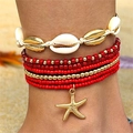 Bohemian enkelbandjes set met schelpen, rode kralen en gouden zeester hanger - Enkelbandje Set / Rood Enkelband Set