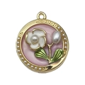 French vintage enamel flower pendant in pink with white floral details and pearl accent - Pink Gold-Sprinkled Flower Pearl-22099