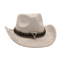 Classic light grey wide brim fedora hat with ethnic band and metal bull skull ornament - Gray