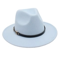 Detailed close-up of light blue wool fedora hat with black leather belt and gold buckle - One Size / Sky Blue (Single Band)