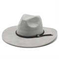 Detail of light grey wide brim fedora with brown braided leather band and metal buckle - M (56-59cm) / Light Grey Suede