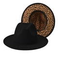 Cappello fedora in lana nera con fodera leopardata e tesa larga per uomo e donna - Adulto 56-60cm / Nero (Interno Leopardato)