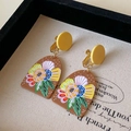 Floral pattern acrylic drop clip-on earrings in yellow and brown with colorful flower design - 74# Ear Clip - Yellow Round Brown Arch Painted Flower
