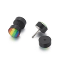 Rainbow striped black stainless steel stud earrings with secure screw-back closure - Black Rainbow Dumbbell Stud (KE103942)
