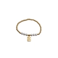 Detail of beaded bracelet with gold copper beads, white pearls, and letter X pendant - Letter X