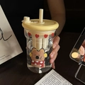 Cartoon bear glass straw cup with yellow lid and tea infuser filter for office use - 600ml / Yellow