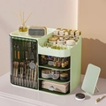 Organizzatore trucco verde chiaro con tre cassetti e sezione per pennelli trasparente - Con Specchio da Trucco / Verde Scuro Traslucido