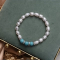 Freshwater pearl bracelet with blue turquoise beads and rhinestone spacers on velvet - Turquoise Pearl