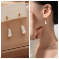 Detail of three-pearl titanium steel drop earrings shown on model and display card - 3# Triple Pearl Drop
