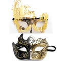 Gold lace metal and black glitter masquerade masks with rhinestones for carnival parties - Bull Horn Phoenix - Iron Gold Set