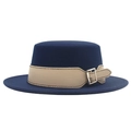Cappello piatto in lana blu scuro con cinturino in pelle beige e fibbia in metallo - Blu Marino (Cintura Beige)