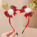 Christmas reindeer antler headband with red plaid bow and gold sequins on white plush - 13# Christmas Headband - Gold Antlers