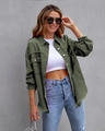Detail of army green distressed denim jacket featuring frayed edges and flap pockets - S / Army Green