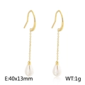 Elegant gold drop earrings with long metal chain and white teardrop pearls - Water Drop Pearl Earrings (KE97014-KFC) / Gold