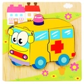 3D wooden puzzle featuring a yellow cartoon ambulance piece for early childhood learning - Jm 3d Ambulance