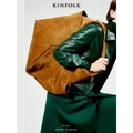 Minimalist large brown suede bucket tote bag with geometric fold design for women - Brown