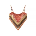 Detail of bohemian paisley print scarf-style camisole in orange-red satin fabric - Orange Red Paisley Print (12)