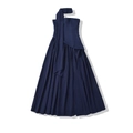 Detail of navy blue pleated maxi dress featuring a high halter neck and elegant draping - S / Navy Blue