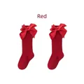Red combed cotton girls knee high socks with large satin bow for toddlers - Size S (0-1 Years) / Red