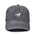 Detailed view of white horse embroidery on washed dark grey vintage baseball cap - Gray