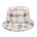 Close-up of soft purple plaid faux rabbit fur bucket hat with fluffy texture detail - Purple Beige White Plaid (B)