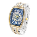 Luxury tonneau-shaped watch with blue dial, full diamond inlay and two-tone metal strap - Two-tone Gold Blue