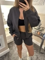 Women's two-piece dark gray tracksuit with zip-up jacket and matching elastic waist shorts - S / Dark Gray