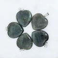 Five heart-shaped natural stone pendants in dark green mineral texture with silver bails - Larvikite