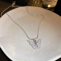 Silver chain necklace with a pink and blue gradient enamel butterfly pendant - Silver (Pink-Blue Enamel Butterfly)