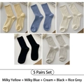 5-pack women's rib-knit crew socks in cream, yellow, blue, black, and grey colors - One Size (35-40) / 5 Pairs (Butter+Blue+Cream+Black+Grey)