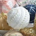 Sparkling white Christmas ball with glitter and vertical pearls for holiday decor - Bright White Twill Pearl Ball 8cm