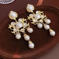 Vintage baroque floral pearl tassel earrings with gold hollow pattern and crystals - Silver Pin-Gold-White