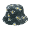 Winter plush bucket hat with daisy floral pattern in dark grey faux rabbit fur - 58cm / Green