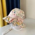 Beige floral kids sun hat with daisy print, ruffled brim and pink ribbon bow detail - 46 Light Yellow Floral Pattern / 54cm