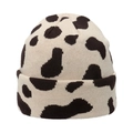 Winter knit cow pattern beanie hat with cuffed brim for women in beige and dark brown - M(56-58cm) / Beige Cow