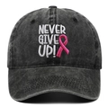 Casquette de baseball gris délavé avec texte Never Give Up et ruban rose brodé - Casquette de baseball / Noir