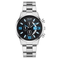 Fashionable men's quartz watch with silver steel strap, black dial, and calendar display - Black Dial Silver Band Blue Pointer