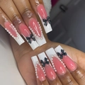 Uñas postizas French con degradado rosa, lazos negros 3D y detalles de perlas - Estilo Lazo Negro Degradado Rosa Blanco Francés (SGCY-477) - Tipo Pegamento