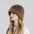 Women's warm winter knit bucket hat in dark brown fluffy plush faux fur material - Khaki