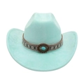 Mint green western cowboy hat with bohemian woven band and turquoise stone detail - One Size / Oval Blue Stone Decoration / Emerald Green