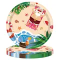 Close-up of Summer Christmas paper plates featuring Santa relaxing on a tropical beach scene - 7-inch Summer Christmas Printed Paper Plates