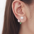 Elegant gold tulip earrings with white pearl and pink flower buds in an asymmetric style - ER753-Tulip Pink