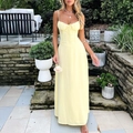 Elegantes hellgelbes A-Linien-Maxikleid mit Spaghettiträgern und plissiertem Mieder-Detail - S / Hellgelb