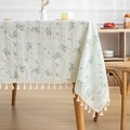 Light green cotton linen tablecloth with small floral pattern and fringe edge - Elegant Green Floral