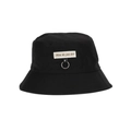 Black cotton bucket hat for women with white letter embroidery and metal ring detail - Black