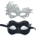 Detail view of silver lace hollow mask and black glossy eye mask set for masquerade - 013 Silver Lace + Eye Mask