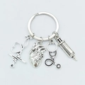 Nurse medical keychain with stethoscope, syringe and heart pendants in silver alloy - 4-Piece Medical Set - Silver Anatomical Heart