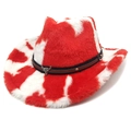 Dettaglio cappello da cowboy peluche con stampa mucca rossa e fascia in pelle con toro - M (56-58cm) / Parte Superiore a Cuore Rosso
