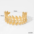 Detail view of 18K gold plated wide cuff bracelet with Greek leaf cutout pattern - Laurel Leaf Style(A1155) / Gold