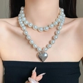 Elegant double-layer white pearl necklace featuring a polished silver heart pendant - Silver-White Heart Double Layer (85#)